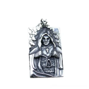 Grim Reaper and Skull Cross Gothic Pendant - Front View with Embossed Darkened Stainless Steel Finish