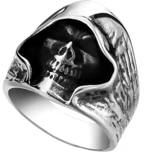 Grim reaper skull gothic ring in 316L stainless steel with wing textures, side view showing intricate hooded skeleton design and distressed silver finish