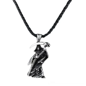 Grim reaper skull pendant necklace stainless steel gothic jewelry front flat view