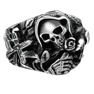 925 sterling silver grim reaper skull ring with carved rose and cross details, three-quarter view showing intricate gothic design