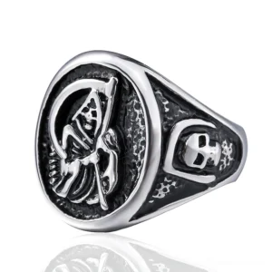 Grim Reaper gothic ring side view displaying raised skull ornaments and textured ring surface detail with vintage stainless steel craftsmanship