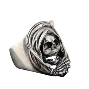Grim reaper skull gothic ring left oblique view showcasing detailed skeleton hand design and antique silver finish - unisex adjustable sterling silver band