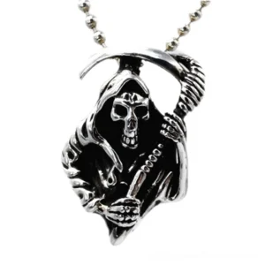 Grim Reaper skeleton pendant in antique sterling silver, front oblique view showcasing intricate hooded death figure with scythe design