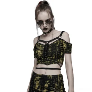 Grunge cold-shoulder crop top with harness straps front view on fashion model
