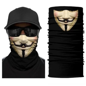 Guy Fawkes skull balaclava neck gaiter on male model wearing black cap and sunglasses – front view gothic face cover