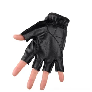 Half-finger tactical gloves back view showing open fingertips, elastic wrist strap, and black PU leather construction