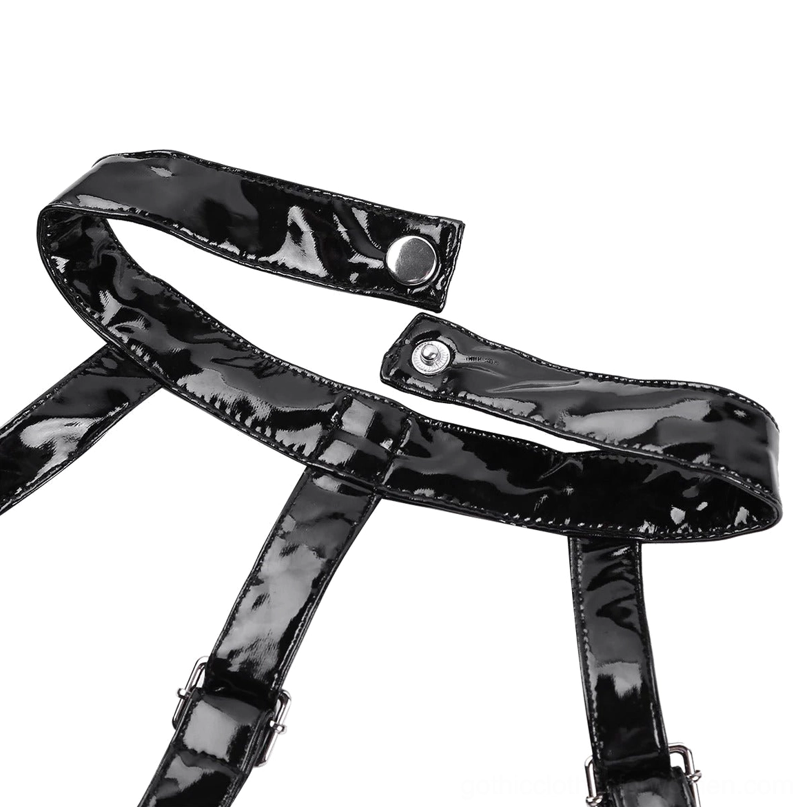 Black patent leather halter neck strap detail - adjustable buckles snap fasteners