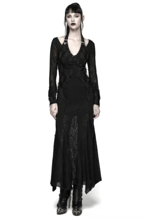 Black halterneck gothic fishtail dress with mesh panels and metal D-ring straps, front view on model with gothic makeup