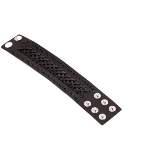 Unisex handmade leather bracelet flat lay showing braided texture and metal snap fasteners - side profile