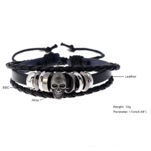Multi-layer leather skull bracelet product specification shot on white background, showing detail of braided straps and zinc alloy skull charm
