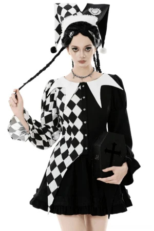 Harlequin gothic blouse front view, female model wearing black and white checkerboard pattern shirt with jagged collar and front button placket