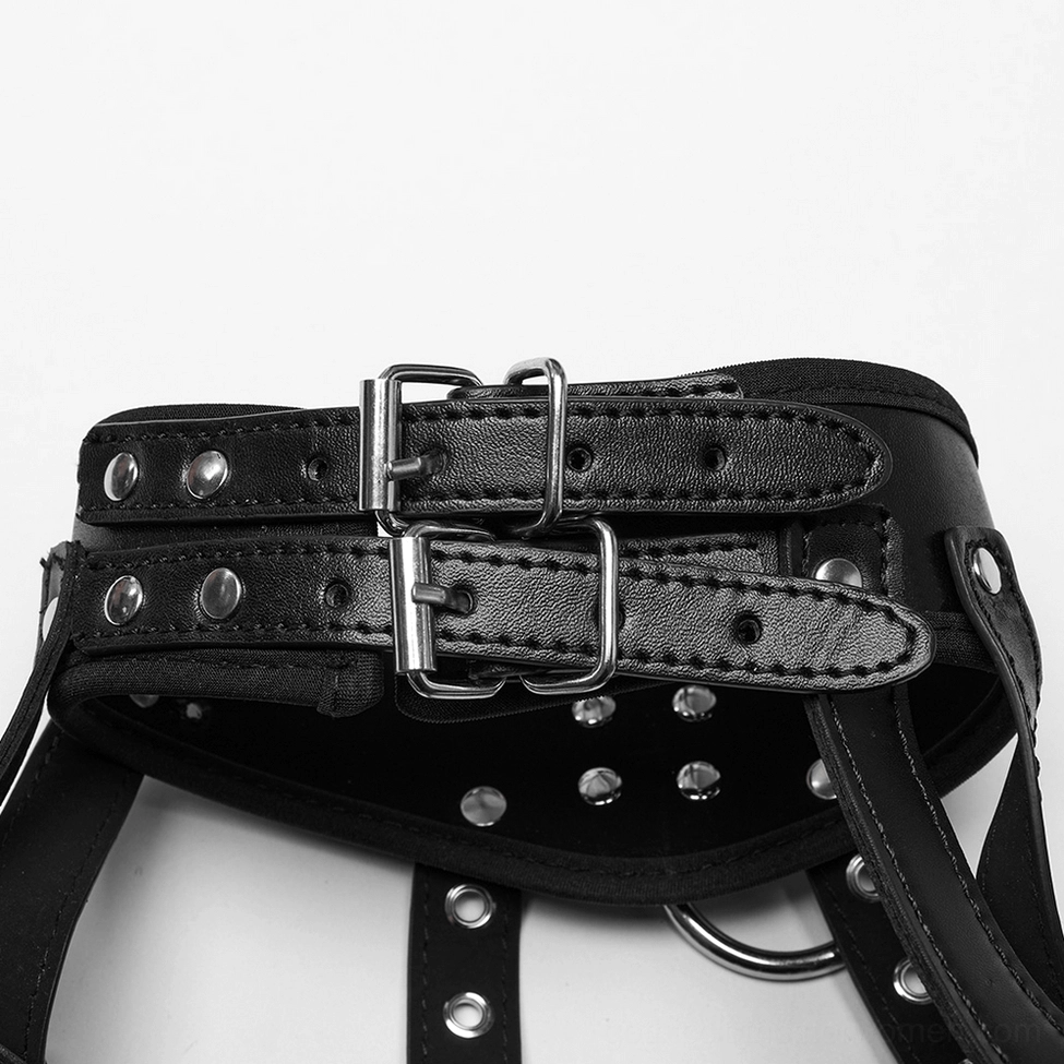 Close-up detail of black leather harness buckle components with metal studs and dual adjustment mechanisms