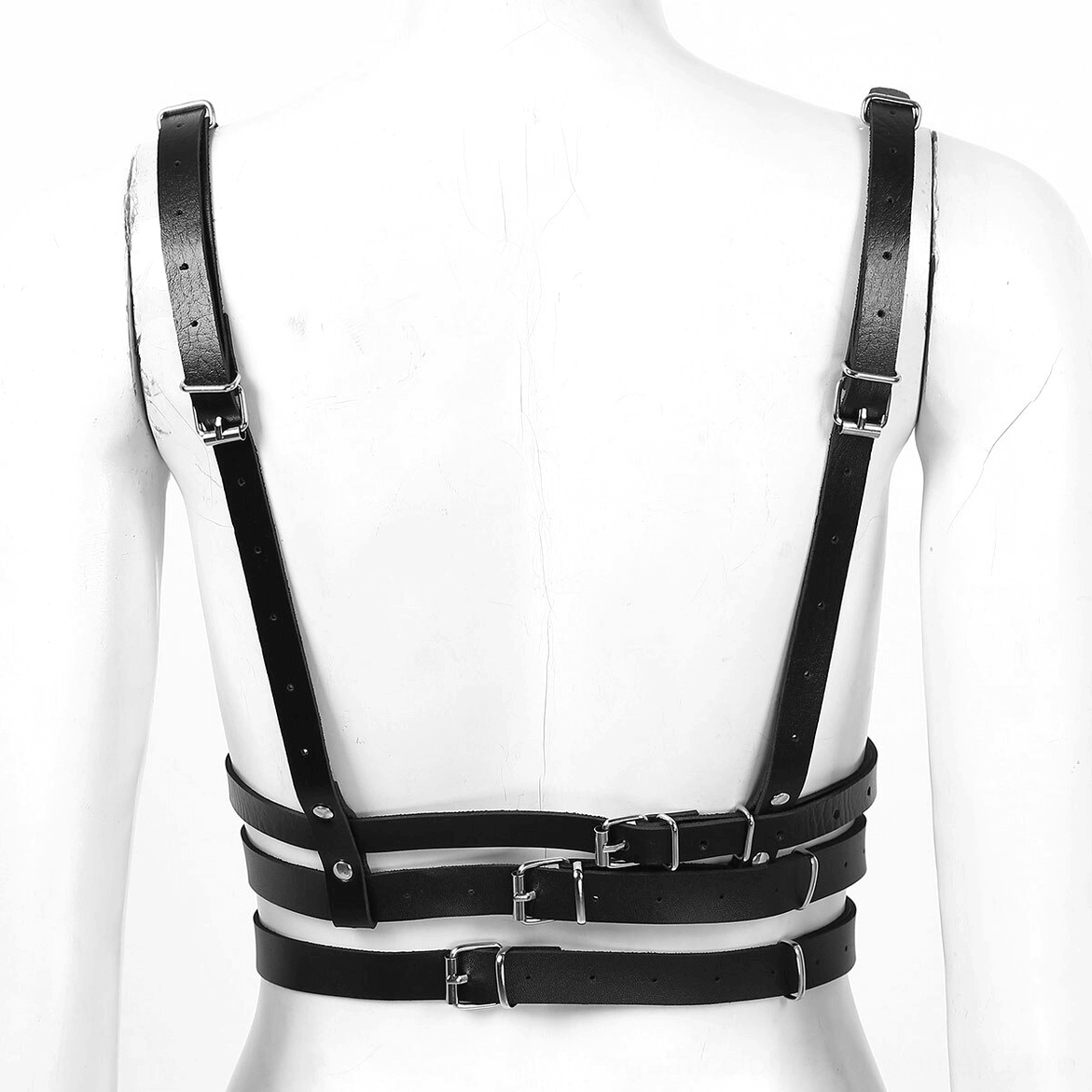 Close-up rear detail of leather chest harness showing metal rivets and professional buckle craftsmanship