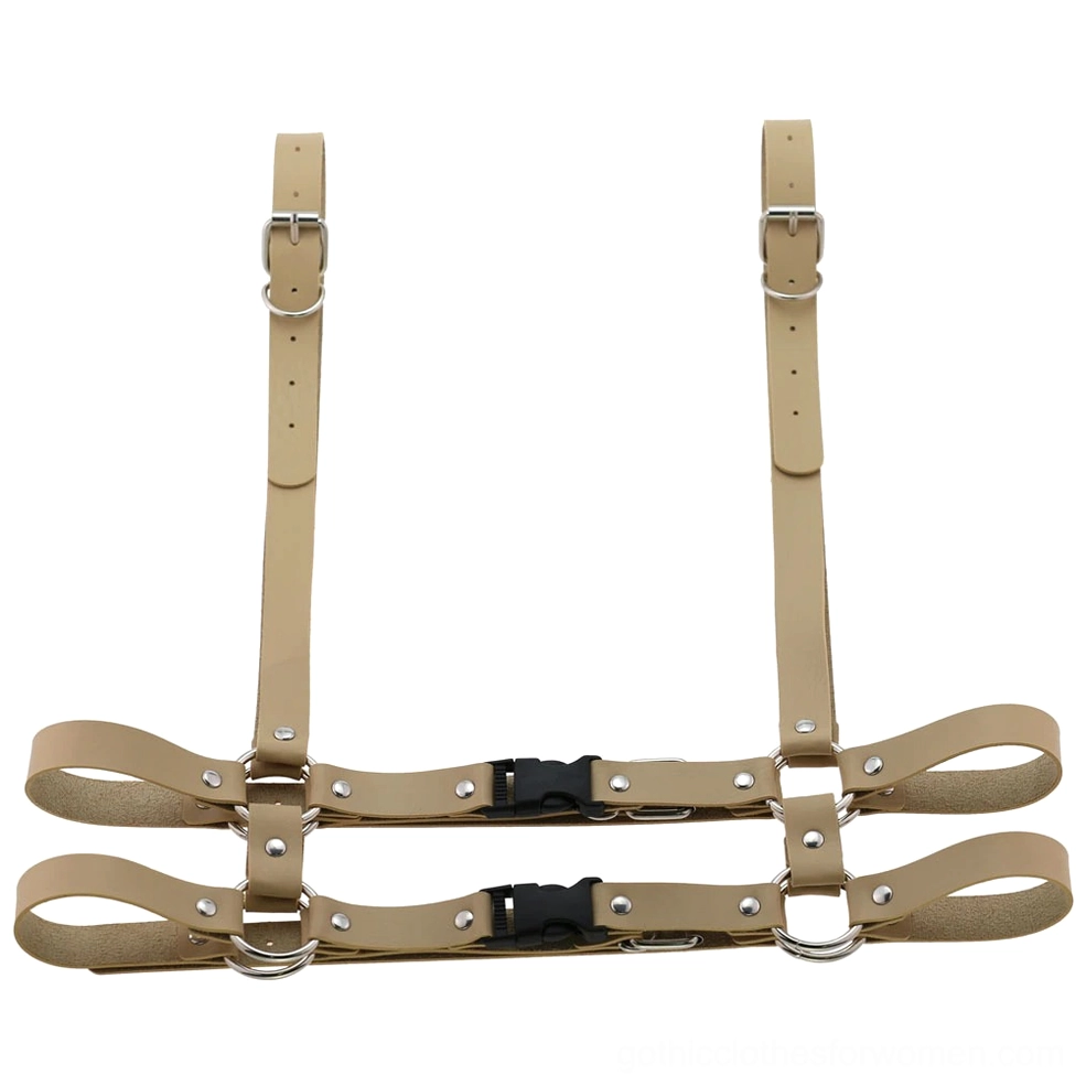 Leather body harness color option flat lay showcasing adjustable feature and interconnected strap system