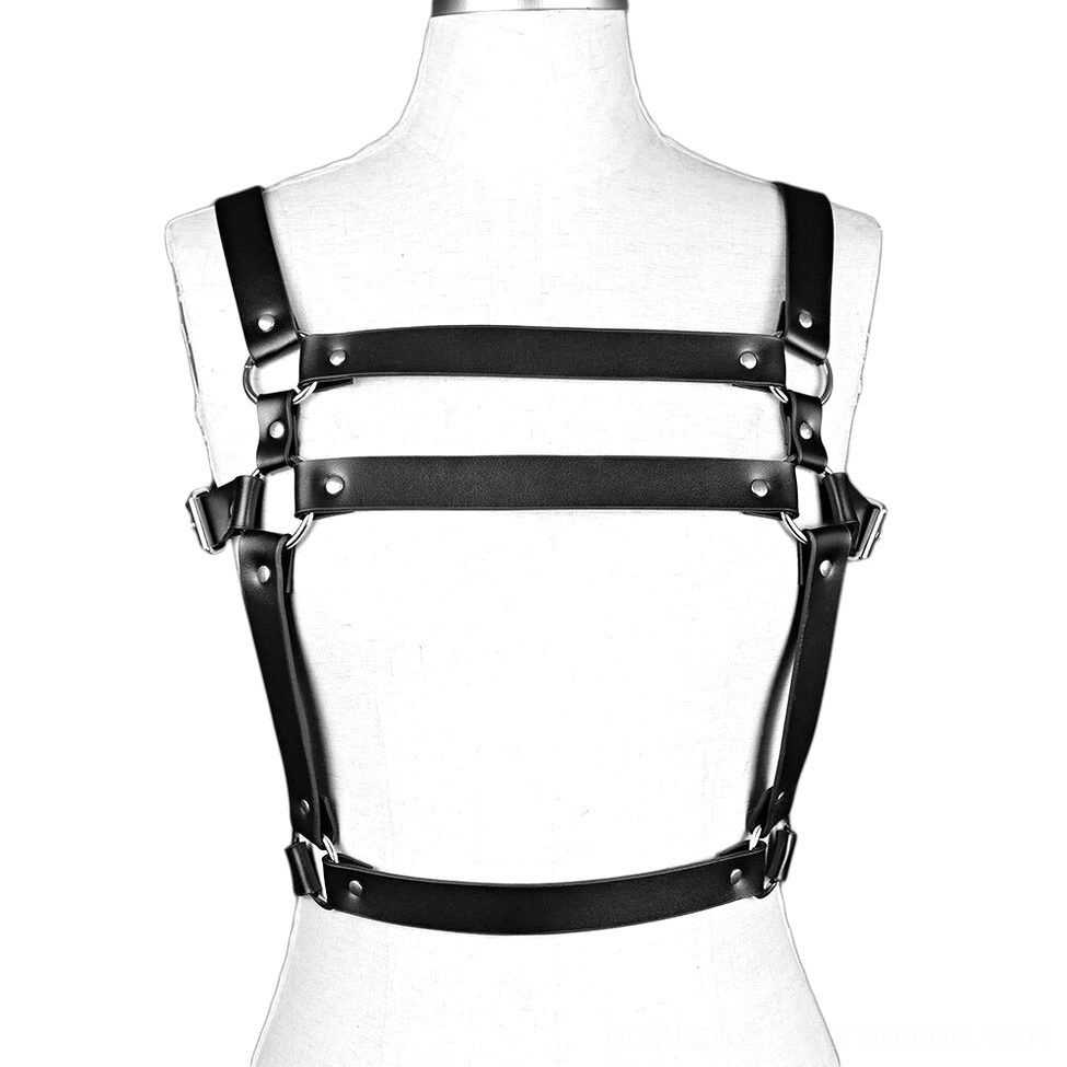 Black chest harness front view on dress form showing two horizontal chest straps and full torso strap design
