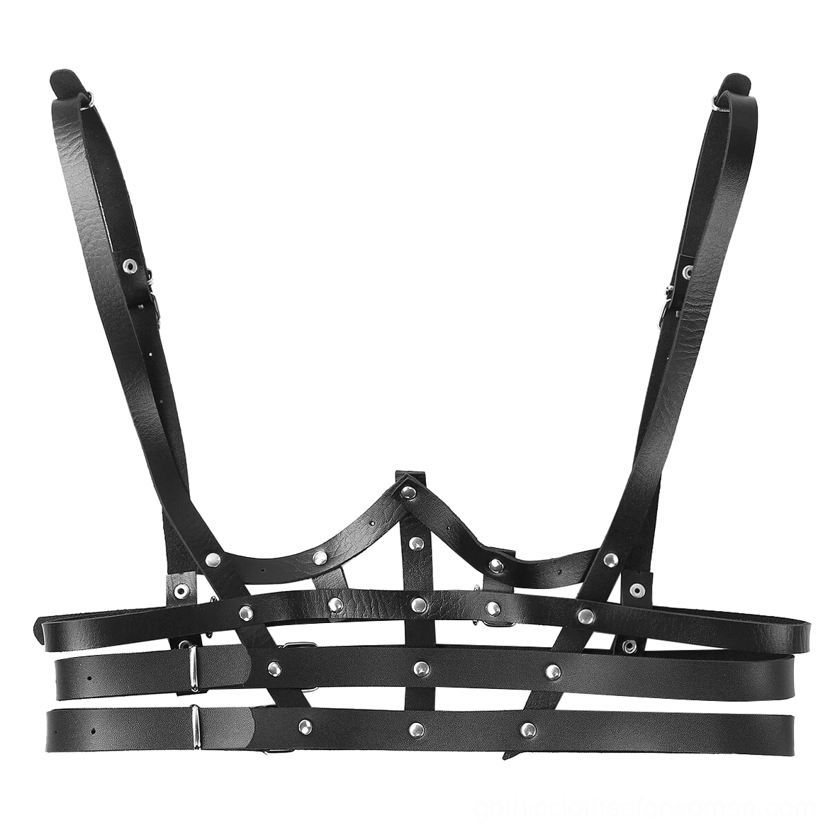 Mannequin rear view of gothic chest harness displaying shoulder straps and waist buckle system