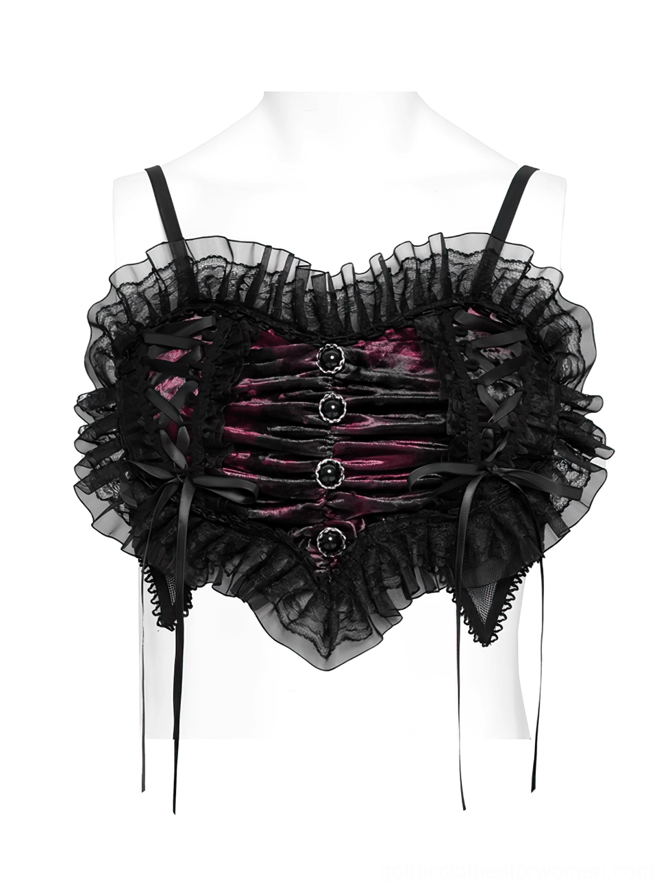 Heart-shaped bustier camisole on mannequin front display, burgundy velvet front panel with black mesh back, showing ruffled trim and lace buttons