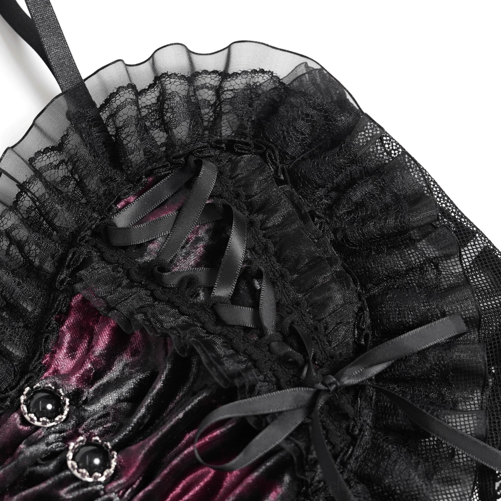 Front torso detail of burgundy velvet and black mesh heart-shaped bustier, highlighting velvet fabric texture and ruffled neckline trim
