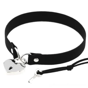 Black suede steampunk heart lock choker collar with silver key pendant - flat lay display