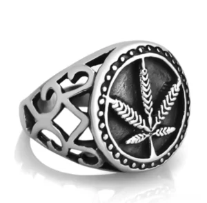 Black enamel hemp leaf signet ring showcasing silver-black contrast design, side top view detail