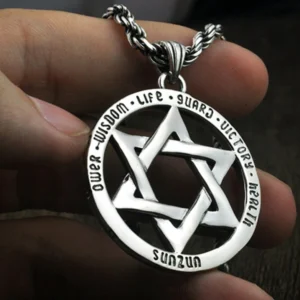 gothic hexagram pendant on twisted rope chain close-up vintage sterling silver necklace