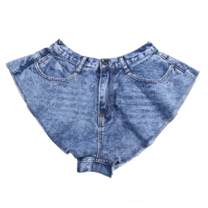 Medium blue acid wash high-waist denim shorts for women, flat lay front view showing pockets and button fly closure