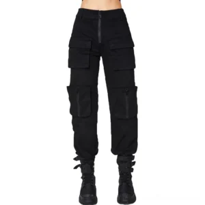 Black pleated gothic pants for women - mannequin front view displaying zippered cargo pockets and tapered ankles