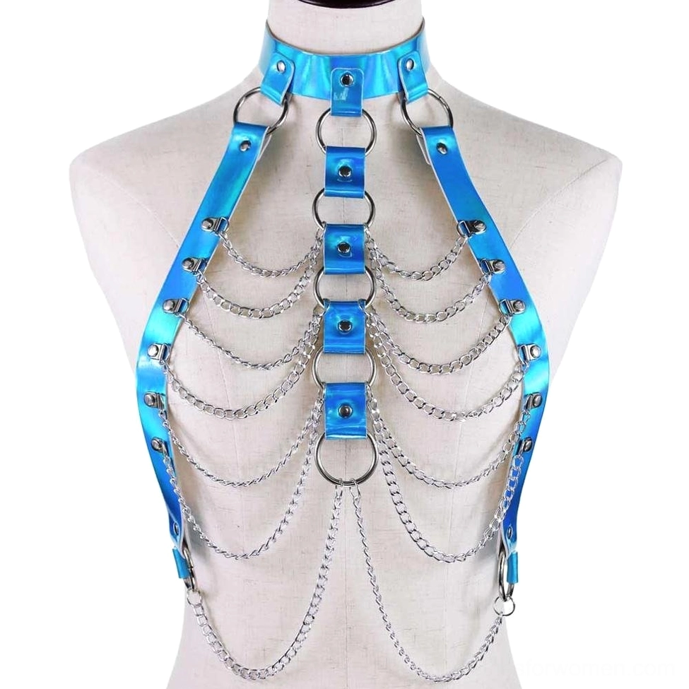 Bright blue holographic bondage body chain harness featuring stacked metal rings and decorative chain tassels, full front view