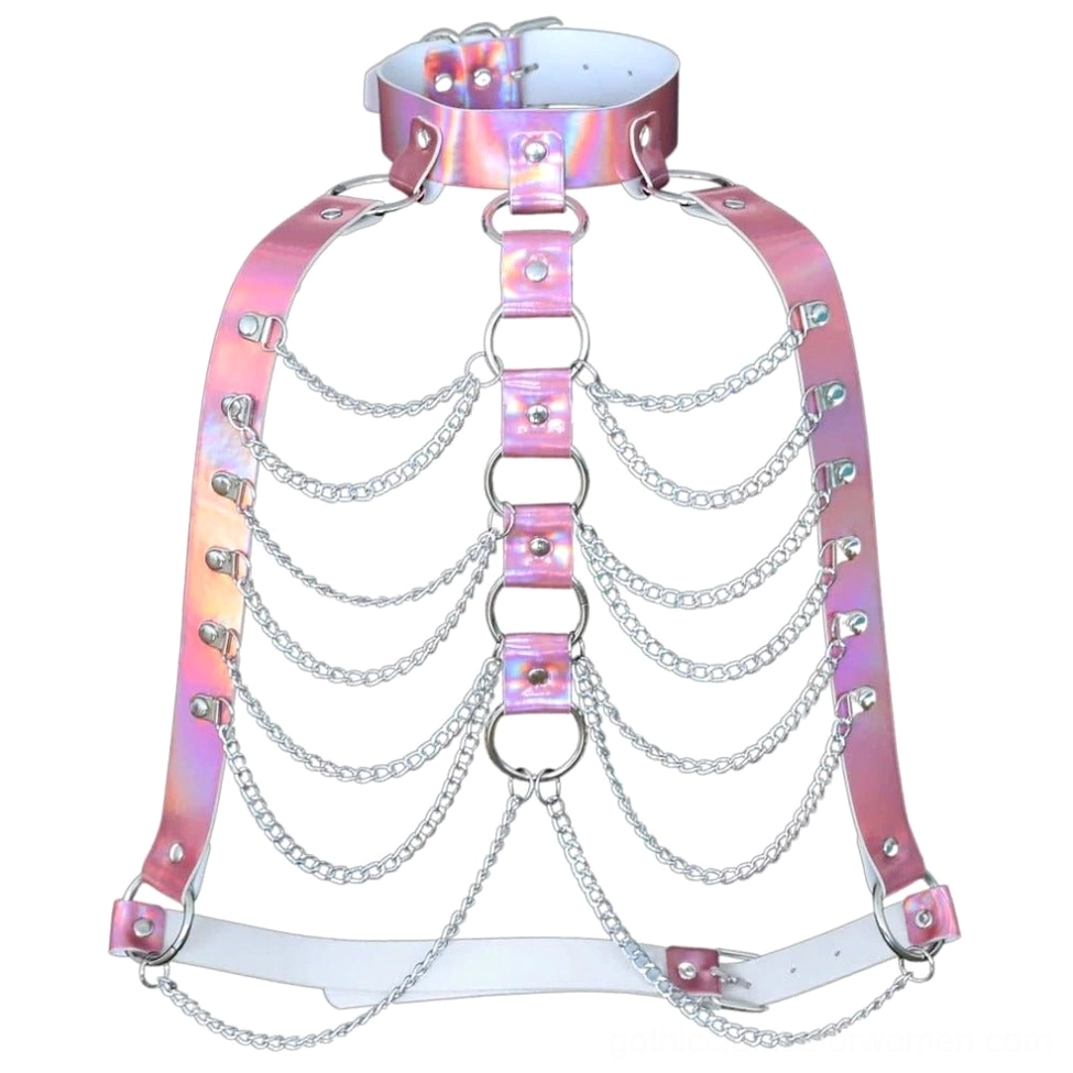 Full back view of pink-purple holographic body chain harness featuring multi straps, metal rings and chain tassels