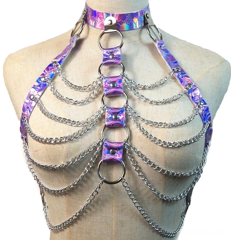Purple holographic body chain bondage harness with abundant metal chain layers and central ring design worn on skin-toned mannequin