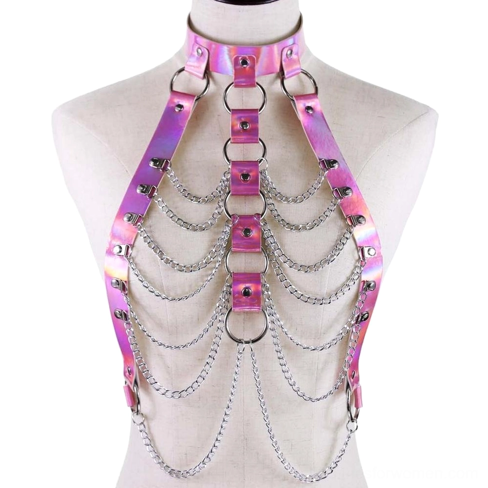 Pink-purple holographic body chain bondage harness with eyelet PU straps and metal chain details, full front view