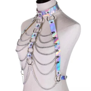 Holographic iridescent silver-purple chain body harness bra with metal D-rings and PU leather straps, left side front view