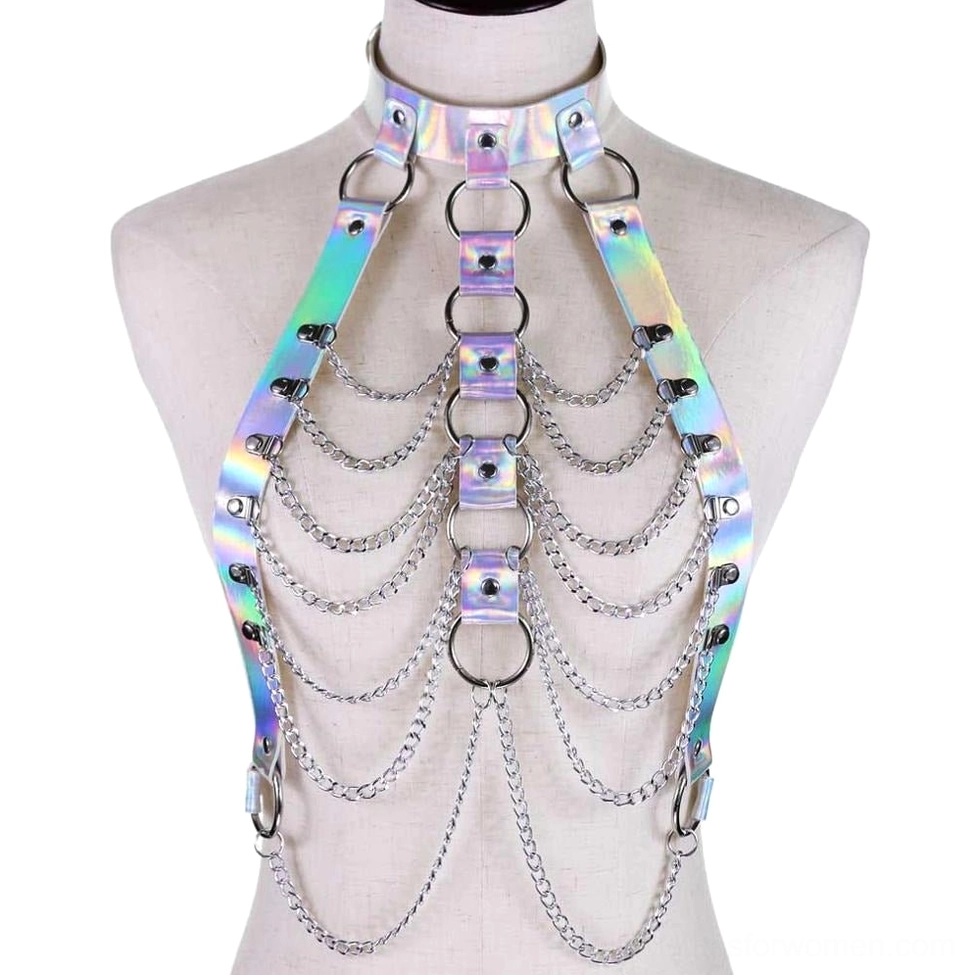 Cyan silver iridescent holographic body chain harness with adjustable PU straps and metal chains, full front view