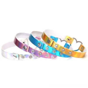 Holographic heart choker necklaces collection showing iridescent PU leather bands and silver metal heart decorations with snap fasteners