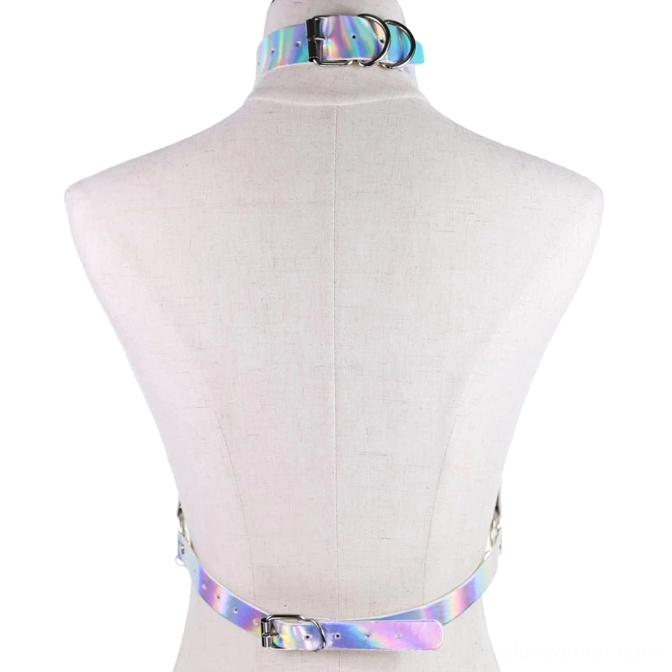 Back view of iridescent blue-purple holographic chain body harness showing adjustable waist buckle and neck choker connection