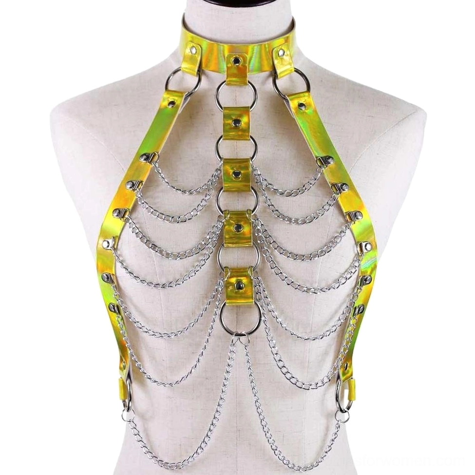 Yellow iridescent holographic chain body harness with metal buckle straps and decorative chains, front full view