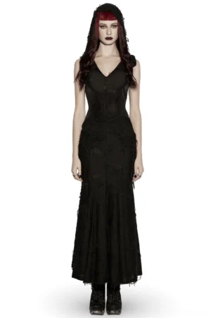 Gothic hooded fishtail maxi dress with distressed frayed hem, front full-body view showing slim-fit silhouette and flowing black dress