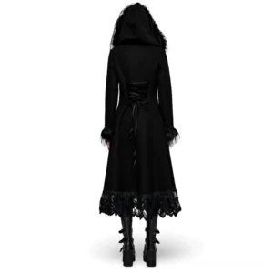 Hooded gothic long coat with back lace-up corset design and fur-trimmed cuffs - rear view mannequin