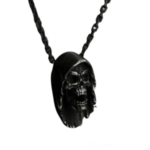 Hooded grim reaper skull pendant with open mouth expression, three-quarter front view on aged black stainless steel curb chain