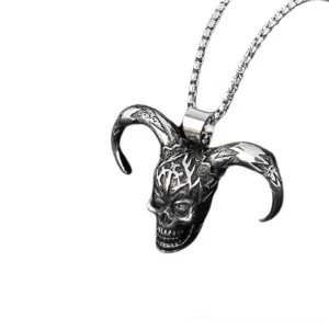 Three-quarter side view of horned skull pendant necklace showing aged dark metal texture and curved horn design