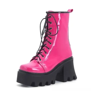 Hot Pink Patent Leather Gothic Platform Combat Boots - Lace-Up Closure Side View with Chunky Heel