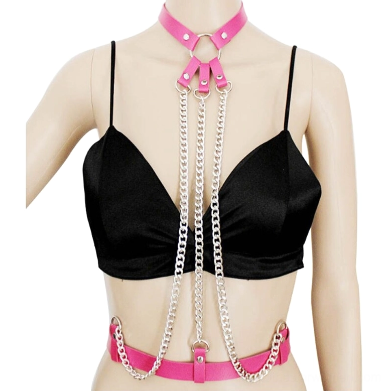 Hot pink leather harness with silver metal chains and O-ring neck closure