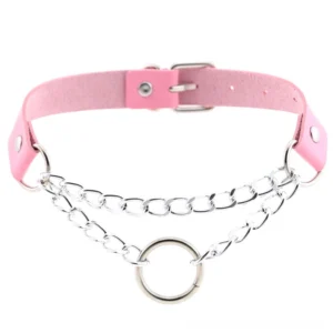 Hot pink PU leather gothic choker featuring silver dual chains and metal ring detail, adjustable design, flat lay product shot