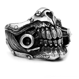 Immortan Joe skull gas mask gothic ring left side view showcasing riveted details and aged silver finish