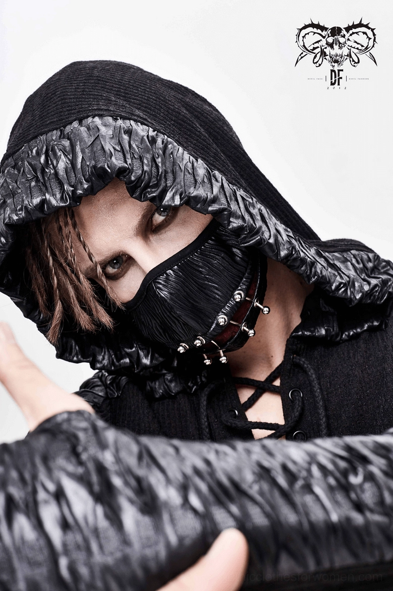 Black gothic face mask with industrial piercing ring accents shown on mannequin, white background displaying structural design and dark theatrical styling