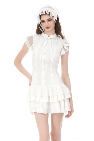 Ivory Gothic Lolita dress front view on model, featuring high stand collar, ruffled cap sleeves, and tiered mini skirt with lace detailing