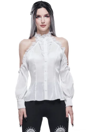 Ivory gothic off-shoulder lace blouse with ruffled stand collar, worn by model in front view with plain background, showcasing delicate shoulder ruffle detail and ethereal white fabric