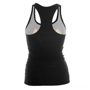 Black gothic tank top racerback cut design, back view, solid black fabric