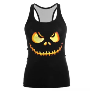 Black gothic tank top with 3D digital jack-o'-lantern print, front view, women's racerback design