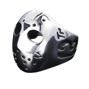 Jason hockey mask gothic ring left front three-quarter view polished stainless steel with black accents